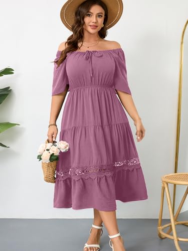 Image of RWJ Women's Plus Size Maxi Dress Short Sleeve Square Neck Flowy A-Line Lace Trim Flutter Party Casual Off Shoulder Dresses
