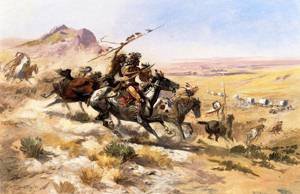 Peinture à l'huile Attack on a Wagon Train 1902 par Charles Marion Russell en format 36x48 pouces