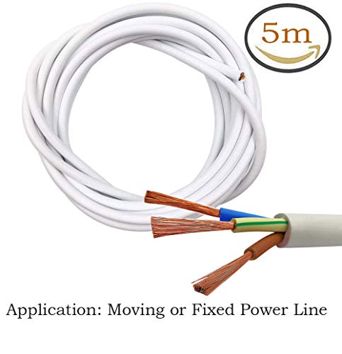 PVC Mains Electrical Wire/3 Core Round White - Copper, High Temp Resistant - 3 x 0.75 mm² Power Cable - Twin & Earth - 5 Metre Cut Length - Flexible Pond Cable