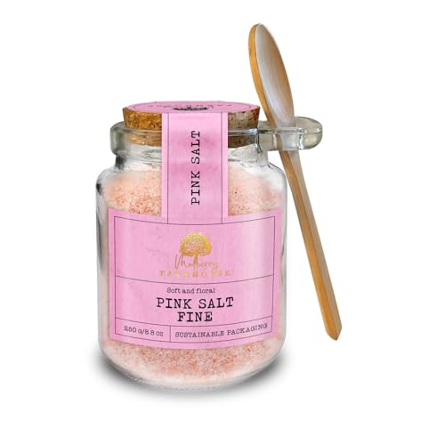 Silk Route Spice Company Fine Pink Salt from Mulberry Farmhouse - Refillable Glass Jar with Cork Lid & Wooden Spoon - Reusable Spice Container for Kitchen Storage - Everyday Premium Seasoning
