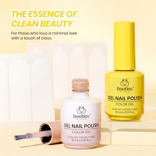 Image of Beetles French Gel Nail Polish Set, French Manicure Kit with Nude Yellow Gel Polish & 4 French Tip Nail Guide Stickers, Soak Off UV LED Gel Polish for DIY Sunshine French Nail Art