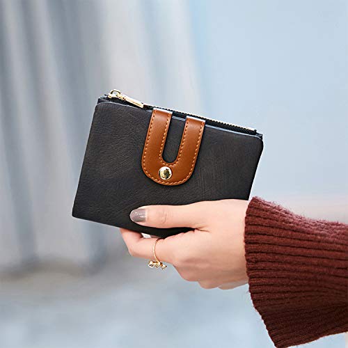 Small Genuine Leather Wallet for Women RFID Blocking Bifold Slim with Zipper Coin Pocket Black (Black)4