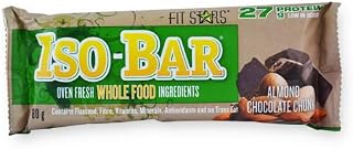 Fit Stars Iso-Bar Almond Chocolate Chunk, protein bar, VEGETARIAN, nutrition bar, 27g protein, whole food with organic ingredients. 80g x 12 count, net 960g. Made in Canada.