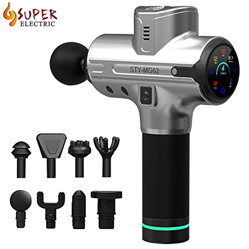homtuzan Deep Muscle Massage Gun Fascia Gun - 4 Replaceable Heads 6 Speed Levels and LCD Muscle Stimulation Pain Relief Percussion Therapy Portable Large Capacity Power Noise Reduction (Silver)