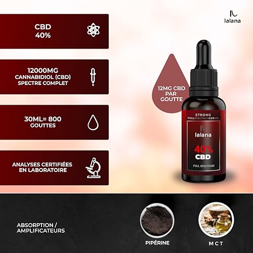 LALANA OIL ® CBD Oil 40% | Huile STRONG | 30ml | huile de chanvre | 12000 mg | Formule amélioré avec MCT (Huile de Coco) limonene et pipérine | puff fleurs tisane chien sommeil – Image 3