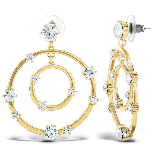 Jessica Simpson Womens Orbital Crystal Drop Earrings - Gold-Tone Double Circle Drop Earrings with Crystal Embellishments