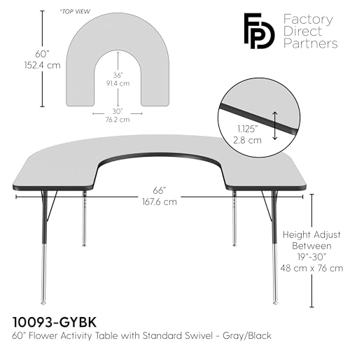 Image of FDP Horseshoe Activity School and Office Table (60 x 66 inch), Standard Legs with Swivel Glides for Collaborative Seating Environments, Adjustable Height 19-30 inches - Gray Top and Black Edge