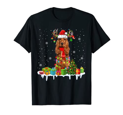Xmas Cocker Spaniel Christmas Lights Santa Reindeer Dog T-Shirt