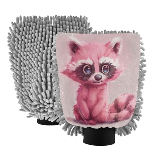 ALAZA Pink Raccoon Cartoon Car Wash Mitt Scratch Free, 2 Pack Absorbent Microfiber/Chenille Washing & Drying Mitts, L