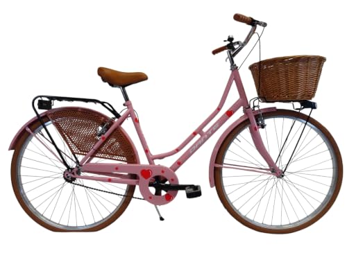 CICLI DANTE Bicicletta da città donna 26 pollici, stile retrò, singola velocità, rosa pastello con cestino in vimini