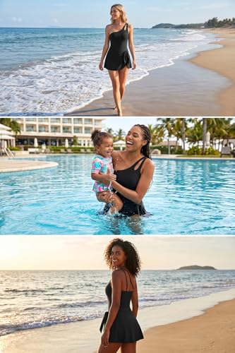 Image of Daci One Piece Swimsuit with Skirt Tummy Control One Shoulder Swim Dress | Skirted Bottom,Adjustable Shoulder Straps