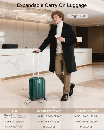 Hanke 20 Inch Expandable Carry On Luggage Airline Approved Top Opening Hard Shell Suitcases with Wheels Lightweight Travel Luggage Carry On Suitcase for Woman Men-Blackish Green - Thumbnail 2