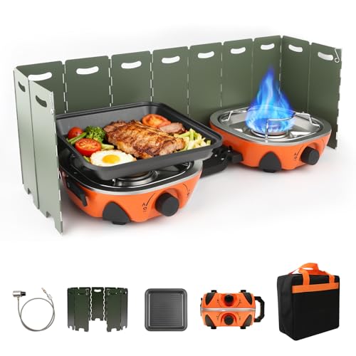 2 Burner Propane Camping Stove with Windshield,20,000 BTUs Folding Portable Camp Stove with Frying Pan,Carrying Bag,Dual - Detailed View