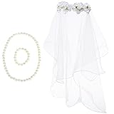 kilofly Girls First Communion Flower Headband Veil + Necklace Bracelet Value Set