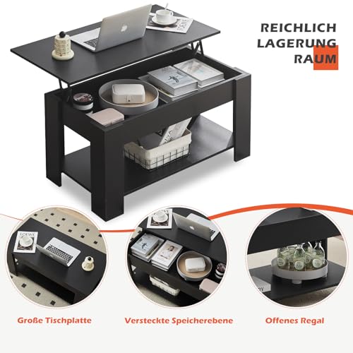 TUKAILAI Couchtisch, Wohnzimmer Tisch Höhenverstellbar, mit Stauraum, Hubplatte, Offenes Fach, für Wohnzimmer, Büro, 40 x 100 x (42.5-55) cm – Bild 6