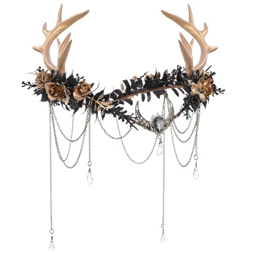 MOSTORY Gothic Flower Antler Crown - Deer Antlers Fairy Crown with Tassel for Women Renaissance Cosplay Reindeer Elf Headpiece for Renfaire Dark Fantasy Fairycore Aesthetic