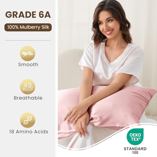 Image of THXSILK 25 Momme Mulberry Silk Pillowcase for Hair and Skin, 100% Mulberry Silk Grade 6A+, Dual-Sided Silk Body Pillow Case with Hidden Zipper, Body Size 20 inchx54 inch Silk Pillow Case, 1pc, Light Pink