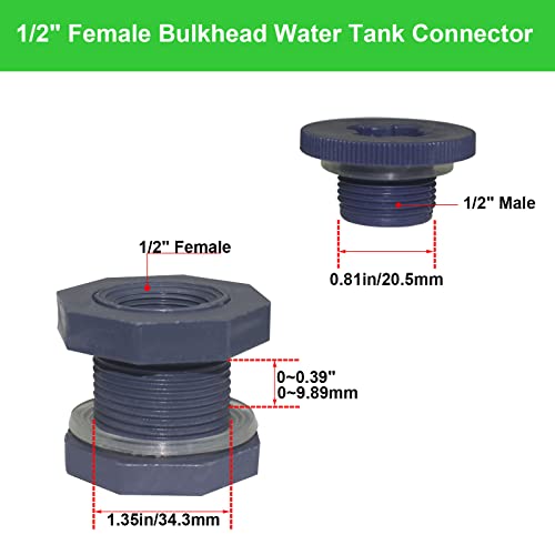 2 Pieces 1/2 Inch Pvc Bulkhead Fitting Water Tank Connector Adapter Fitting With Plugs For Water Tanks Rain Barrels Aquariums (1/2"-2Pcs) #TOP1