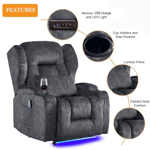Image of Oprisen Wall Hugger Power Recliner Chair Set of 3, Overstuffed Home Theater Seating w /Heat Massage Electric Movie Gaming Sofa Reclining Sleeper Chair with LED Light /Lumbar Pillow /Cup Holders