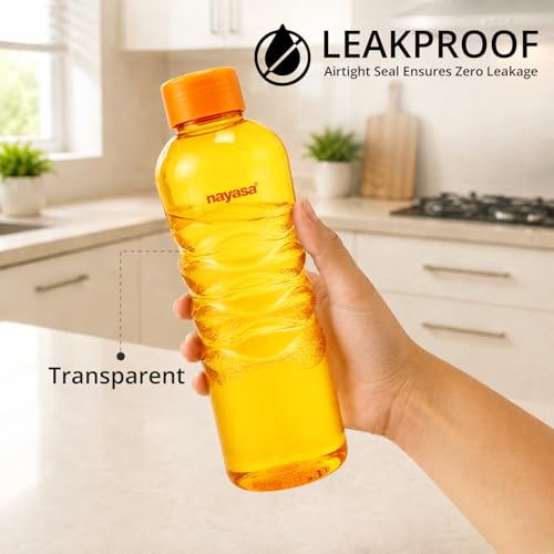 Image of Nayasa Revello 1000 ML Pet Plastic Fridge Water Bottles Set of 6 | BPA Free | Leak Proof | Airtight Lid | Orange