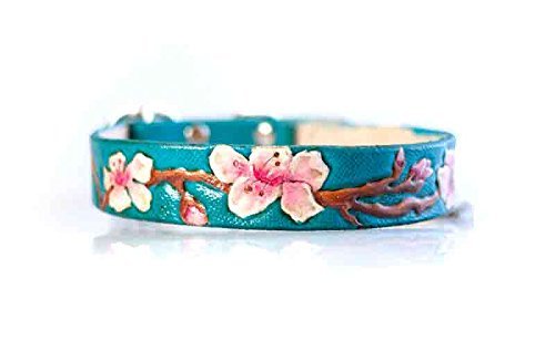 Handmade leather dog collar with cherry blossoms