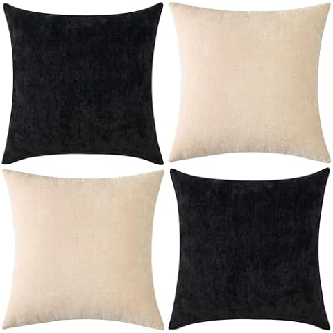 GAWAMAY Pack of 2 Couch Throw Pillow Covers 20x20 Inch Soft Square Chenille Pillow Cover for Sofa Living Room Bedroom Car Solid Dyed Pillow Cases (Only Pillowcases) 50x50cm,Beige, Black Cover
