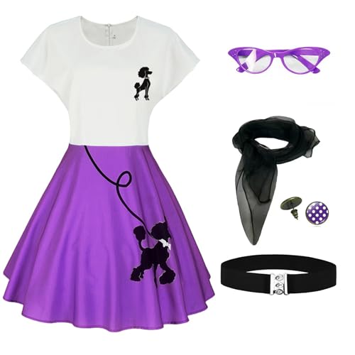1950s Poodle Skirts Sock hop Outfits Women 50s Poodle Dress with Belt Glasses Earrings and Scarf(Z3755VT, S)