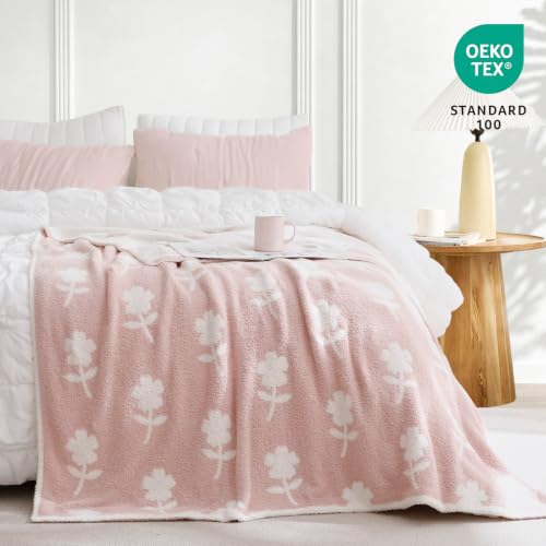 Snuggle Sac Twin Size Bedding Blanket, Pink Flower Throw Blanket for Couch, Microfiber Fluffy Warm Cozy Fuzzy Soft Reversible Blankets, Pink, 60x80 inches — view 2