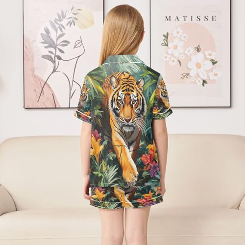 ALAZA Tiger Palm Leaf Blossom Satin Pajamas Set Short Sleeve Button Down Sleepwear Summer Pjs 2 Piece4