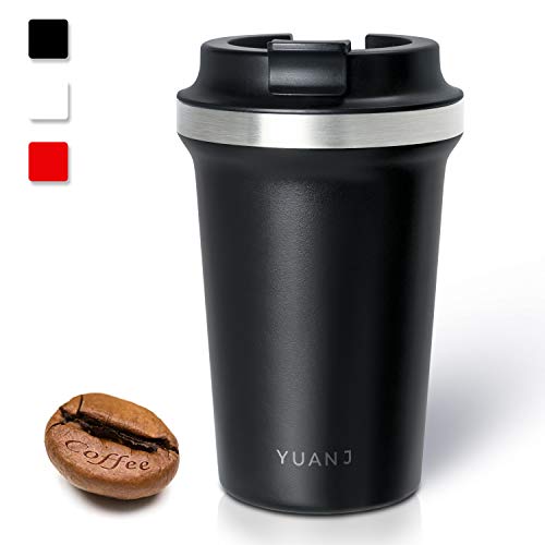 Yuanj Premium Thermobecher Kaffeebecher to go, 350ml Edelstahl Isolierbecher, Doppelwandig & Vakuumisoliert Autobecher/Travel Mug für Kaffee oder Tee (Schwarz)