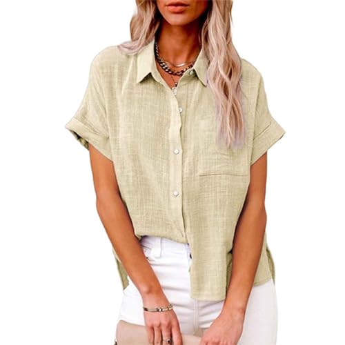 Camisa de linho, manga curta, camisa casual solta, camisas de manga curta de cor sólida com bolsos (