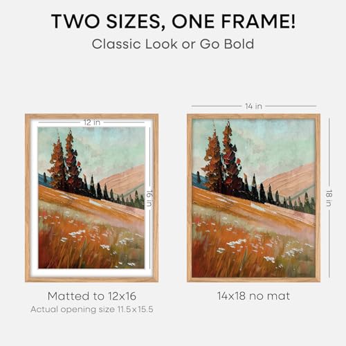Image of Homeforia 14x18 Picture Frame Natural Wood, High End Oak 14x18 Light Wooden Poster Frame with Mat 12x16, 14 x 18 Frames Matted to 12 x 16 Photo, 18x14 Hanging Frame, Tempered Glass, Wall Kit, Set of 1