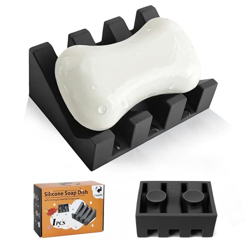 Coipdfty Soap Dish Holder for Shower with Suction Cup Silicone Soap Holder & Saver Self-Draining Bar Soap Dish Keeps Soap Dry for Bathroom Kitchen Bathtub Extends Soap Life (Black-1Pack)