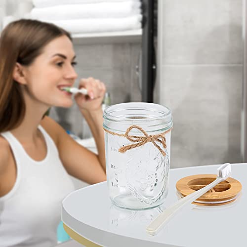 Bathroom Accessories Set 4 Pcs,Soap Dispenser,Toothbrush Holder, 2 Qtip Apothecary Jars with Bamboo Lid for Rustic Farmhouse Bathroom Decor, Makeup Organizer, Boho Countertop Storage (Glasss/Bomboo - Image 3