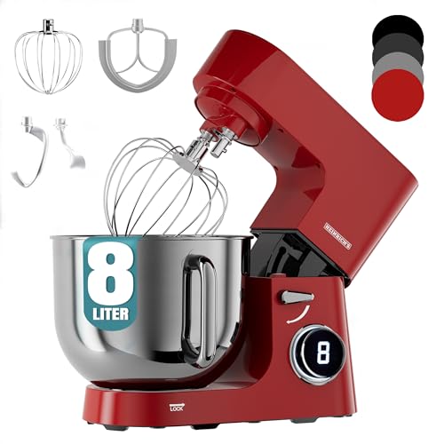 Heinrichs´s Küchenmaschine, Knetmaschine, Teigmaschine, 2500W Küchengerät, Doppel-Knethaken, Rührhaken, Schneebesen, 8 einstellbare Geschwindigkeiten, XXL 8L Edelstahlschüssel,geräuscharm,Robinrot Heinrichs´s Küchenmaschine, Knetmaschine, Teigmaschine, 2500W Küchengerät, Doppel-Knethaken, Rührhaken, Schneebesen, 8 einstellbare Geschwindigkeiten, XXL 8L Edelstahlschüssel,geräuscharm,Robinrot