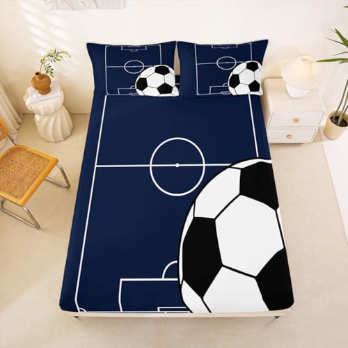 Image of Castle Fairy Boys Soccer Sports Theme Fitted Sheet Set with 2 Pillowcases,Football Court Blue White Bed Sheet Teens,Football Top Flat Sheet Luxury Microfiber,Queen Size