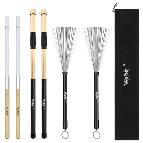 VANPHY Drum Brushes Set–3 Pack (Jazz Drum Brushes Bamboo Drumsticks Nylon Drum Brushes) with Black Bag for Snare Cajon Jazz Drumming Percussion Practice Performance