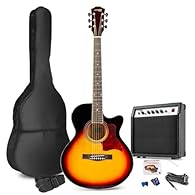 Complete beginner acoustic guitar starter kit with electro-acoustic guitar in sunburst finish, providing a professional look and vibrant, resonant sound perfect for any new guitarist. This electro acoustic guitar features an integrated LED tuner and ...