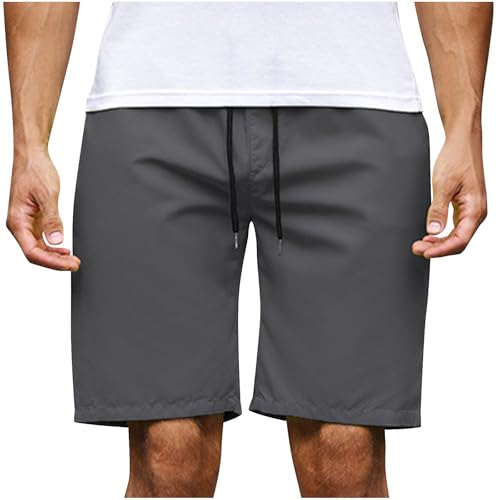 Sinzelimin Men's Cargo Shorts Fashion Solid Color Lace up Elastic Waist Beach Board Short Pants Crop Sweatpant with Pocket3