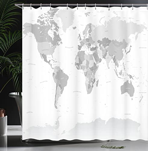 Ambesonne Grey Shower Curtain, Detailed World Map With All Countries Major Capital Cities Universe Earth Continents, Cloth Fabric Bathroom Decor Set With Hooks, 69" W X 70" L, Grey White #TOP2