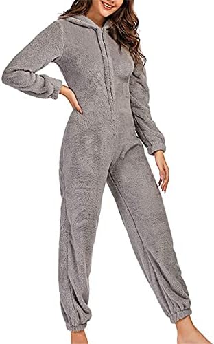 Womens Pyjamas, Warm Fleece Hooded Pyjamas Onesies Zip Front Hoodie Footie Pajamas Plush Jumpsuit Nightwear