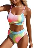 CUPSHE Women's Bikini Set Two Piece Swimsuit High Waisted Scoop Neck Knit Tie Dye Swimwear, L