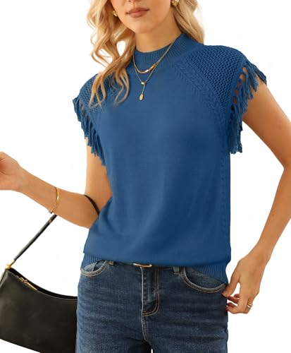 AceNest Cap Sleeve Fringe Tops Cable Knit Sweater Vest Crochet Blouses | Fringe...