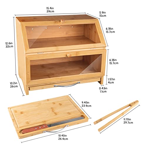 Maisonpex Double Layer Large Bamboo Bread Box For Kitchen Countertop, Cutting Board, And Stainless Steel Bread Knife, Large Capacity Bread Storage Container With Clear Windows (Self-Assembly) #TOP3