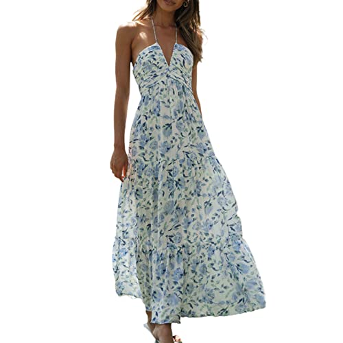 Women Floral Halter Neck Maxi Dress Summer Tie-Up Sleeveless Backless Long Dress Flowy Ruffle Sundress3