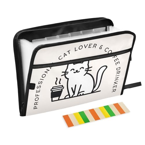 SoreSore ドキュメントファイル A4 大容量 13ポケット ねこ コーヒー 猫柄 ベージュ 可愛い ファイル整理 収納バッグ 書類ケース 仕分け 前ファスナー付き