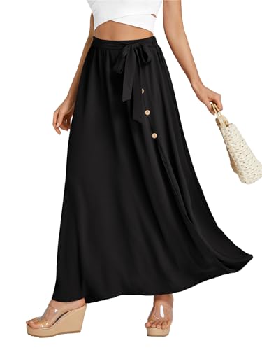 LYANER Women's Casual Tie Waist Button Front Split Skirts High Waist Swing Flowy Maxi Skirt4