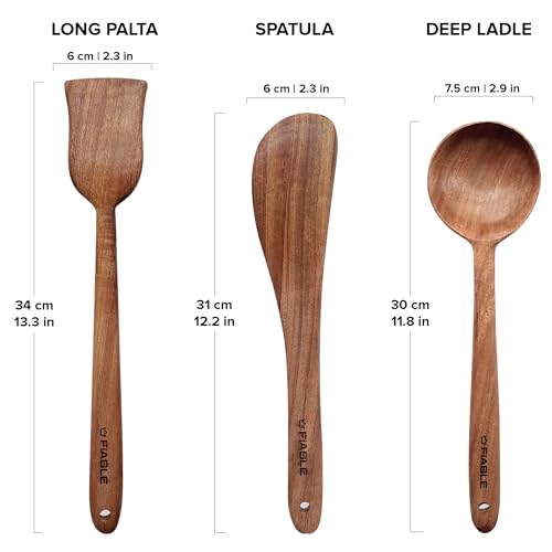Image of FiABLE Pure Neem Wood Spatula Set for Cooking | Dosa Spatula Set | Wooden Spatula for Baking and Mixing | No Polish, Naturally Antimicrobial and Non Stick - Neem Wood Flip & Serve Set of 3