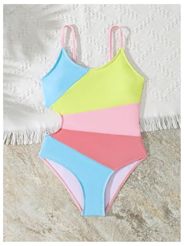 SweatyRocks Girl's Color Block Cut Out One Piece Swimsuit Spaghetti Strap Bathing Suit Swimwear3