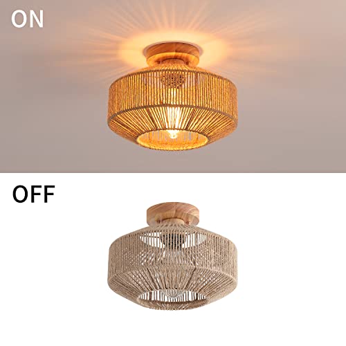 Hchunqjor Coastal Woven Flush Mount Light Fixture Natural Hemp Rope Cage Semi Flush Mount Ceiling Light For Hallway Bedroom Kitchen Farmhouse Entryway #TOP6